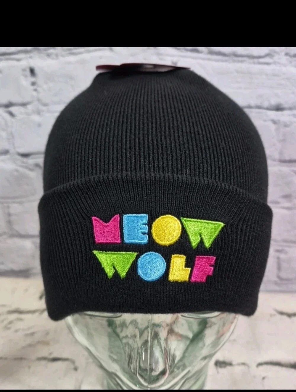 Meow Wolf Cuff Beanie Adult One Size Black Neon Logo Ski Cap New With Tags